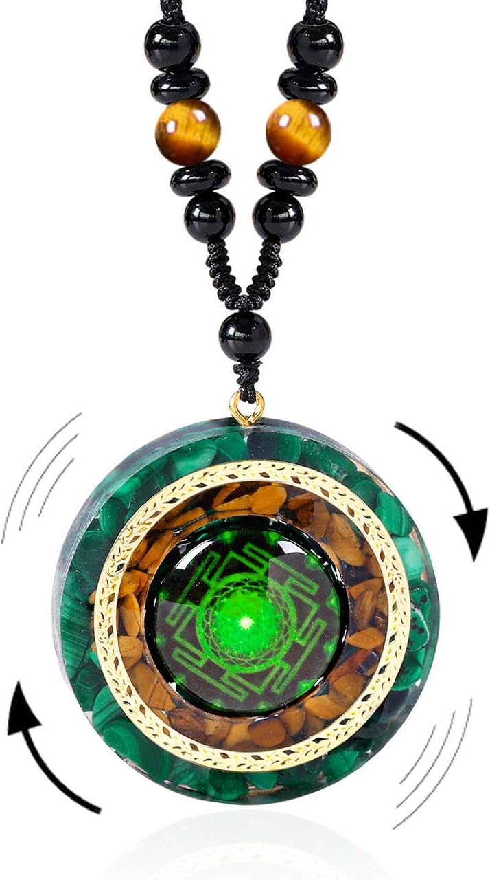 daydayup Orgonite Necklace - Sri Yantra Rotatable Pendant For Anti Stress Anxiety & Meditation - Malachite And Tiger Stone For Spiritual Healing & Positive Energy - Image 1